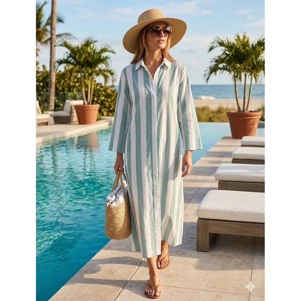 Atlantic-Pacific x LAKE‎ Dress cover up Medium Aqua White Striped Button Front